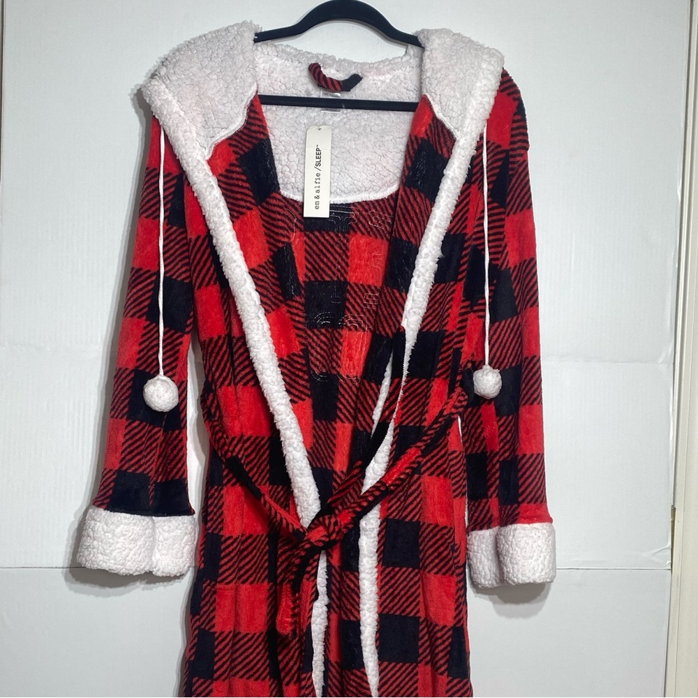 Em & Alfie Red Black Buffalo Plaid Sherpa Robe Hooded Long Lounge Coat One Size